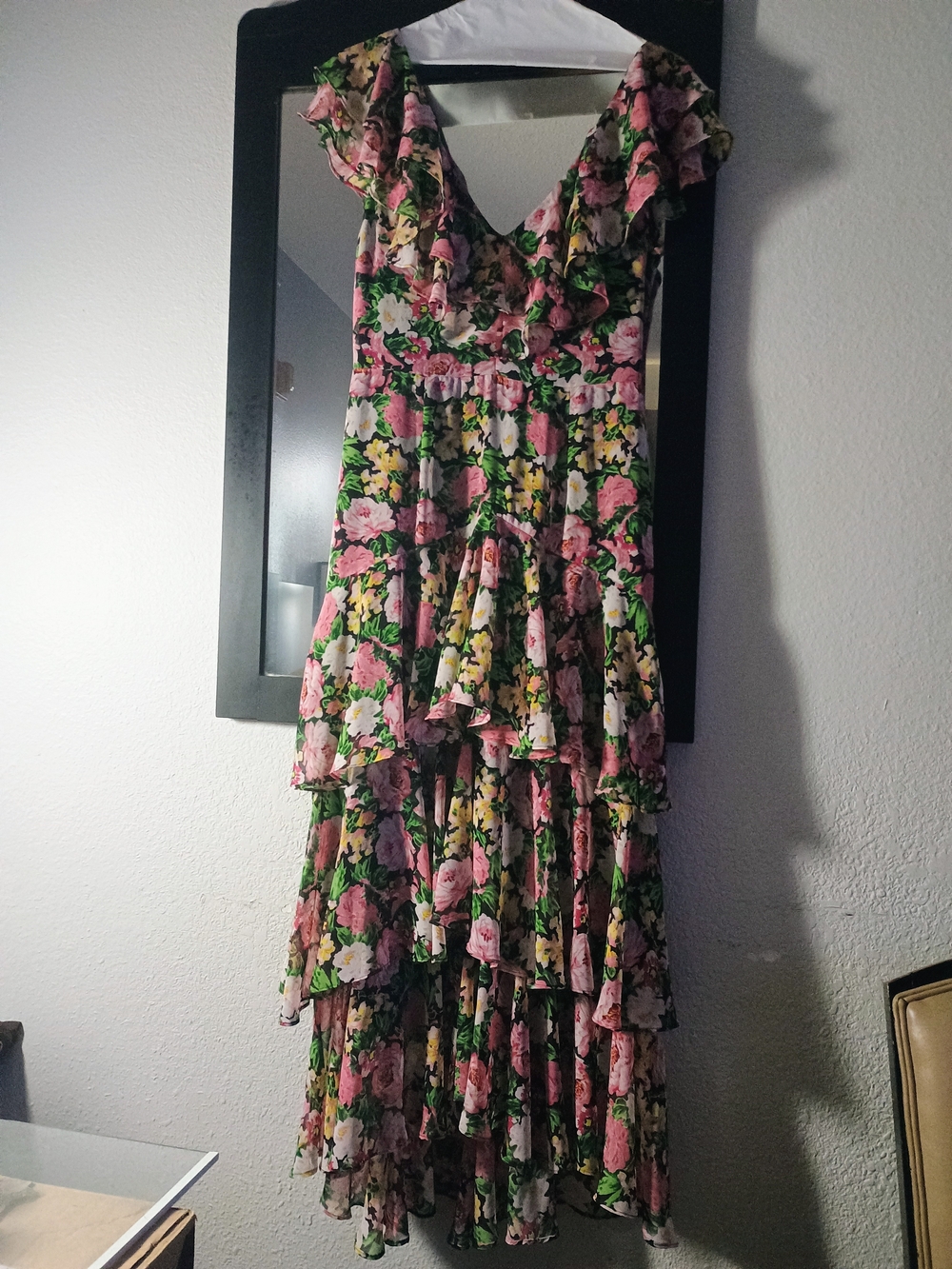 Wayf Pink Floral Tiered Ruffle High-Low Dress